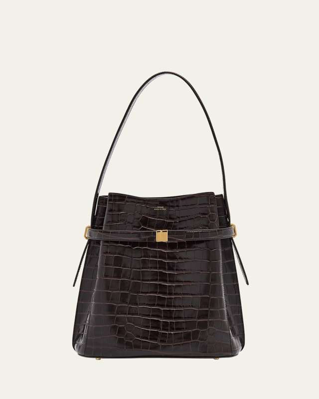 Belted Croc-Embossed Leather Bucket Bag